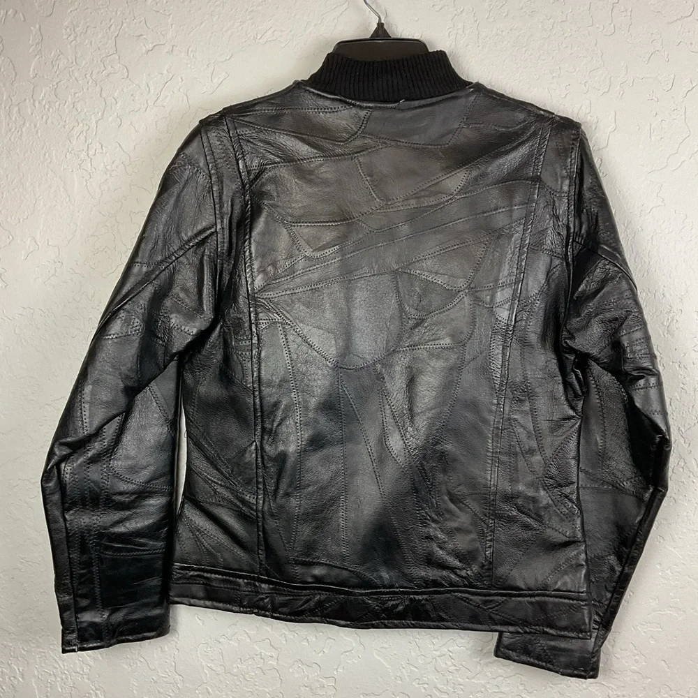 M. Collection Women’s Black Leather Patchwork Zip Up Bomber Jacket Sz Med